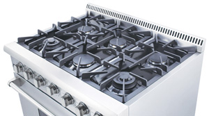 Restaurant Style heavy duty oven door handle and Chrome metal knobs, Deep Porcelain top plate pans. Model HRG3618U shown